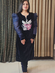 Navy Blue Hand Embroidered Velvet Kurta Set