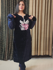 Navy Blue Hand Embroidered Velvet Kurta Set