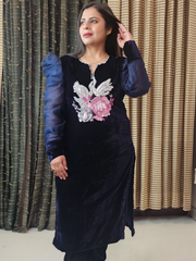 Navy Blue Hand Embroidered Velvet Kurta Set