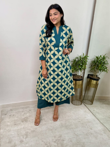 Cotton Printed Kurta With Palazzo Pant-Green