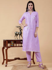 Cotton Linen 3 Pc Suit Set Gia Lavender With Hand Embroidered