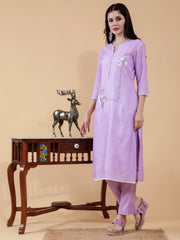 Cotton Linen 3 Pc Suit Set Gia Lavender With Hand Embroidered