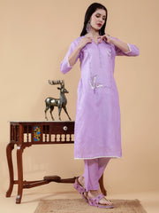 Cotton Linen 3 Pc Suit Set Gia Lavender With Hand Embroidered