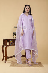 Cotton Linen 3 Pc Suit Set Gia Lavender With Hand Embroidered