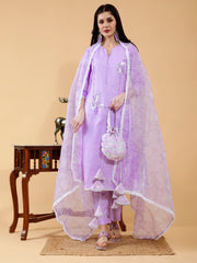 Cotton Linen 3 Pc Suit Set Gia Lavender With Hand Embroidered