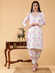 Sanjana White & Lavender Lotus Print Hand Embroidered 3 Piece Suit Set