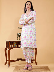 Sanjana White & Lavender Lotus Print Hand Embroidered 3 Piece Suit Set