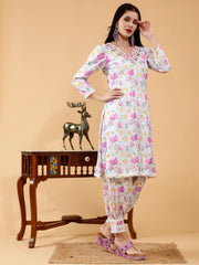 Sanjana White & Lavender Lotus Print Hand Embroidered 3 Piece Suit Set