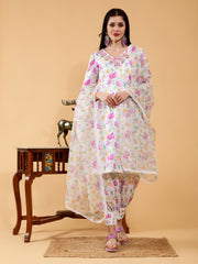 Sanjana White & Lavender Lotus Print Hand Embroidered 3 Piece Suit Set