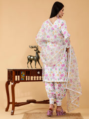 Sanjana White & Lavender Lotus Print Hand Embroidered 3 Piece Suit Set