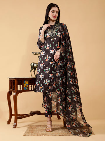 Prisha Black Patola Print Hand Embroidered 3 Piece Suit Set