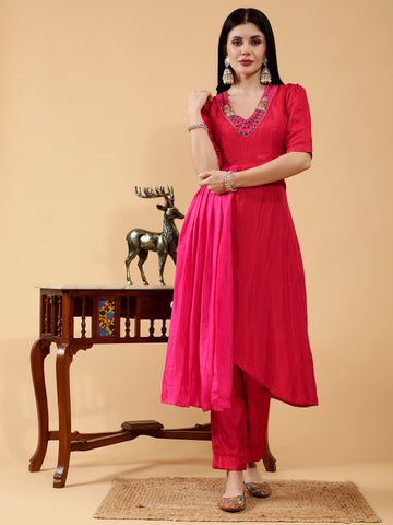 Chandani Red & Hot Pink Hand Embroidered 3 Piece Suit Set