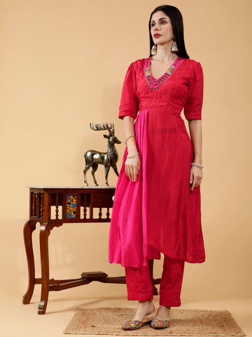 Chandani Red & Hot Pink Hand Embroidered 3 Piece Suit Set