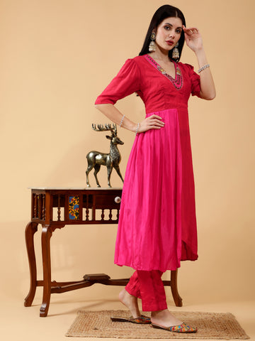 Chandani Red & Hot Pink Hand Embroidered 3 Piece Suit Set