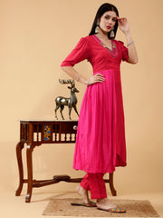 Silk 3 Pc Suit Set in Chandani Red & Hot Pink Hand Embroidered