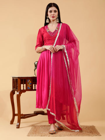 Chandani Red & Hot Pink Hand Embroidered 3 Piece Suit Set