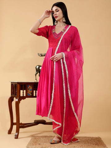 Chandani Red & Hot Pink Hand Embroidered 3 Piece Suit Set