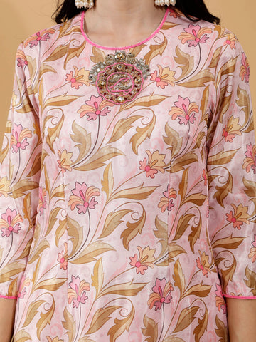 Saanvika Pink Pichwai Print Hand Embroidered 3 Piece Suit Set