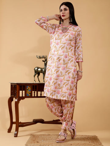 Saanvika Pink Pichwai Print Hand Embroidered 3 Piece Suit Set