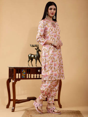 Saanvika Pink Pichwai Print Hand Embroidered 3 Piece Suit Set