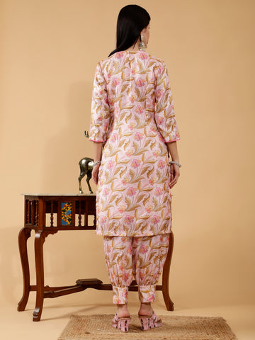 Saanvika Pink Pichwai Print Hand Embroidered 3 Piece Suit Set