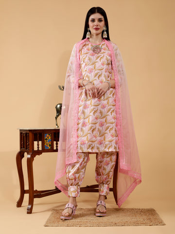 Saanvika Pink Pichwai Print Hand Embroidered 3 Piece Suit Set