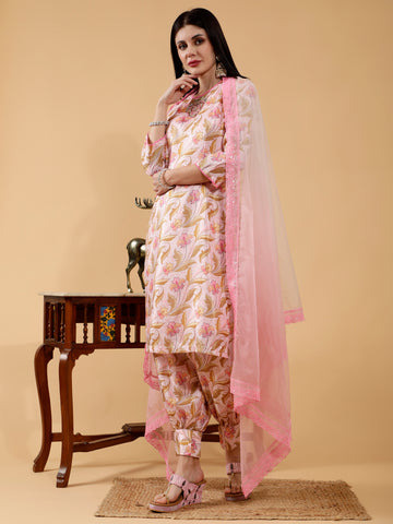 Saanvika Pink Pichwai Print Hand Embroidered 3 Piece Suit Set