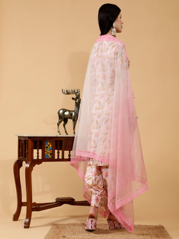 Saanvika Pink Pichwai Print Hand Embroidered 3 Piece Suit Set