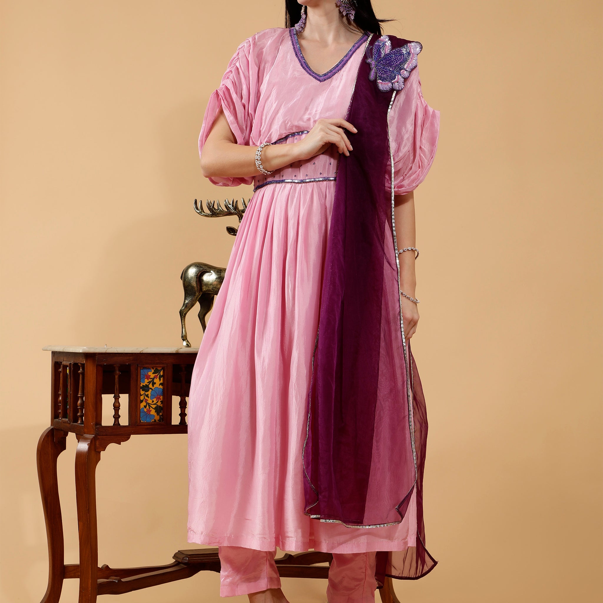 Silk 3 Pc Suit Set Chaitali Mauve Pink Hand Embroidered