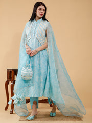 Cotton Linen 3 Pc Suit Set in Bhumi Sky Blue Linen Paisley Print