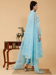 Cotton Linen 3 Pc Suit Set in Bhumi Sky Blue Linen Paisley Print