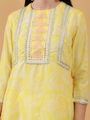 Bhavya Yellow Paisley Print Cotton 3 Piece Suit Set