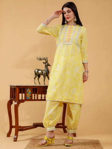 Bhavya Yellow Paisley Print Cotton 3 Piece Suit Set