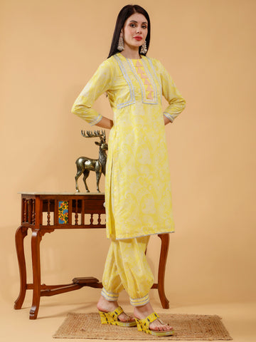 Bhavya Yellow Paisley Print Cotton 3 Piece Suit Set