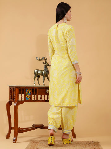 Bhavya Yellow Paisley Print Cotton 3 Piece Suit Set