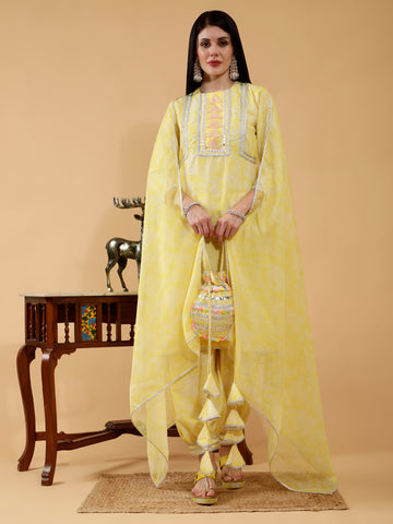 Bhavya Yellow Paisley Print Cotton 3 Piece Suit Set