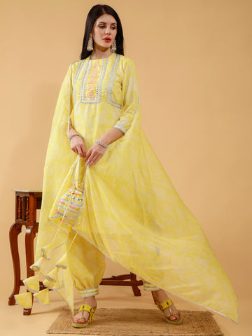 Bhavya Yellow Paisley Print Cotton 3 Piece Suit Set