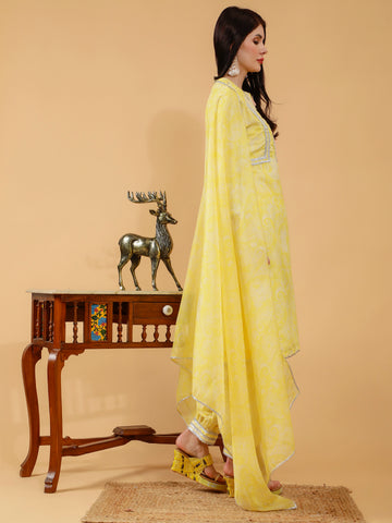 Bhavya Yellow Paisley Print Cotton 3 Piece Suit Set