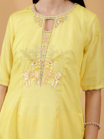 Lia Yellow Linen Hand Embroidered 3 Piece Suit Set