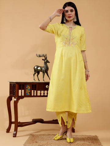 Lia Yellow Linen Hand Embroidered 3 Piece Suit Set