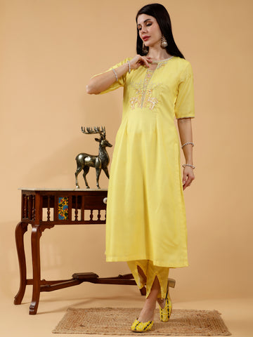 Lia Yellow Linen Hand Embroidered 3 Piece Suit Set