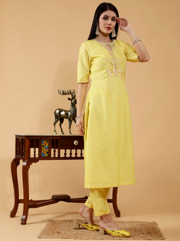 Lia Yellow Linen Hand Embroidered 3 Piece Suit Set