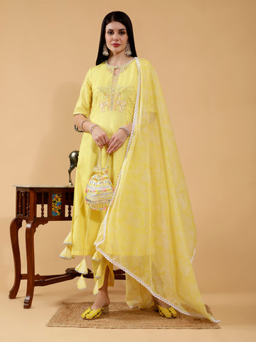 Lia Yellow Linen Hand Embroidered 3 Piece Suit Set