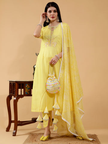 Lia Yellow Linen Hand Embroidered 3 Piece Suit Set