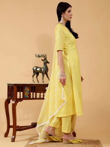 Lia Yellow Linen Hand Embroidered 3 Piece Suit Set