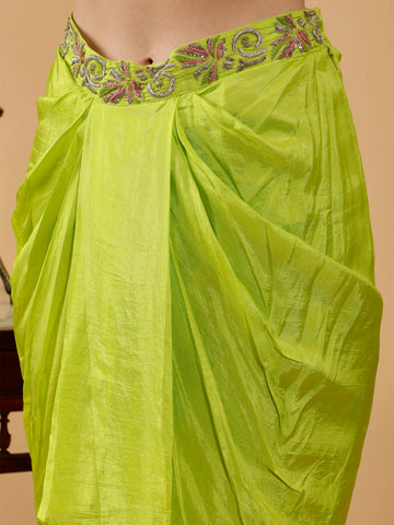 Bhairavi Green Hand Embroidered Dhoti Drape Skirt With Crop Top & Shrug