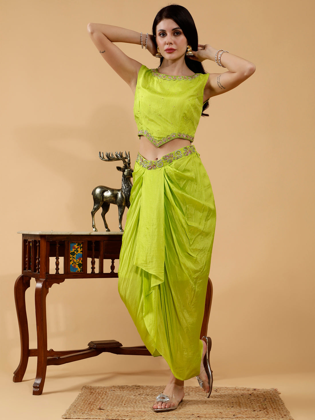 Silk Bhairavi Green Hand Embroidered Dhoti Drape Skirt With Crop Top & Shrug