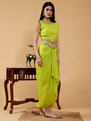 Bhairavi Green Hand Embroidered Dhoti Drape Skirt With Crop Top & Shrug