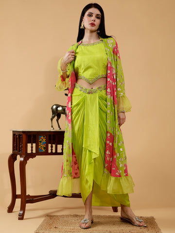 Bhairavi Green Hand Embroidered Dhoti Drape Skirt With Crop Top & Shrug