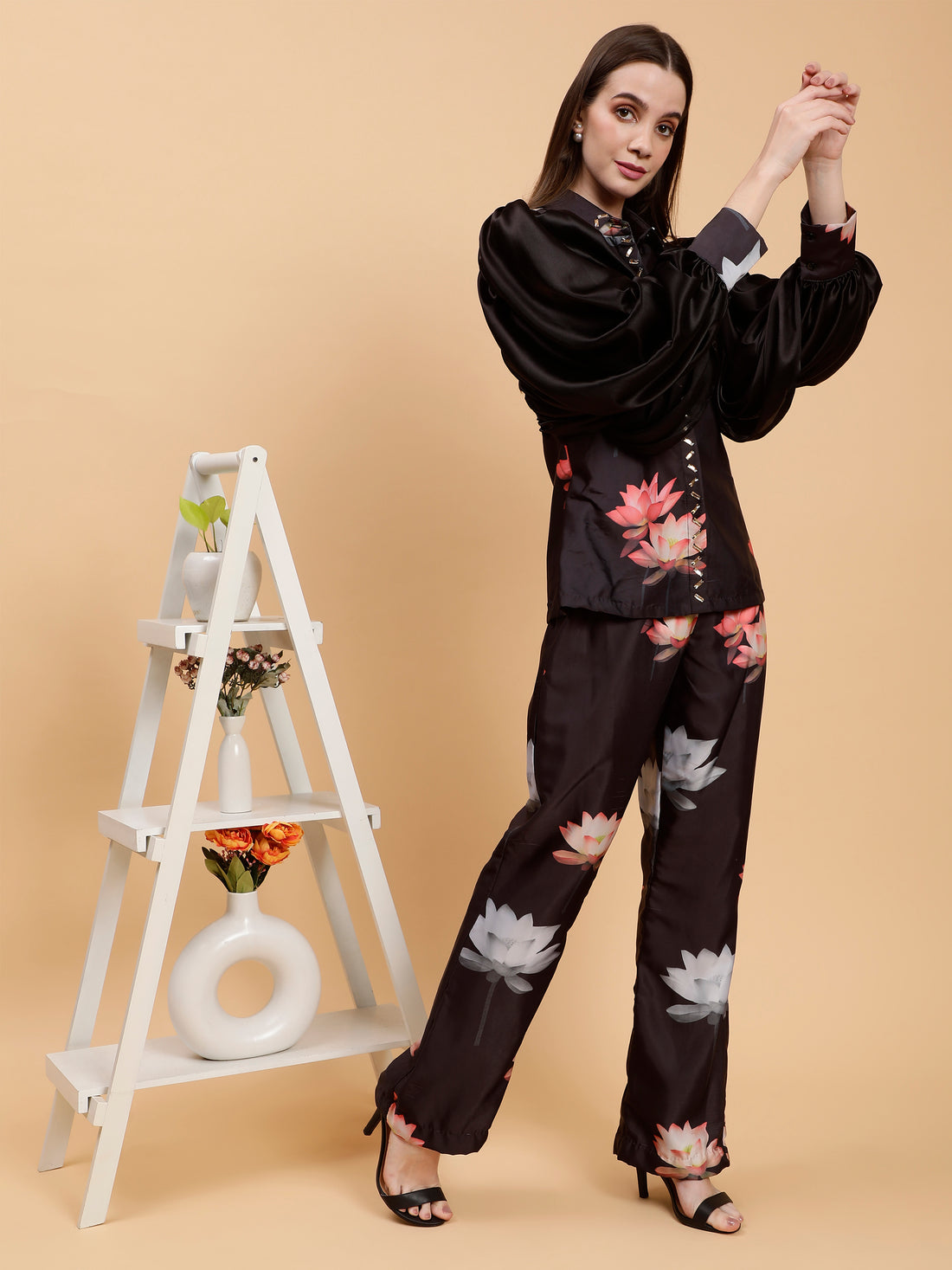 Satin Printed Amayah Black Lotus Embroidered Co-ord Set